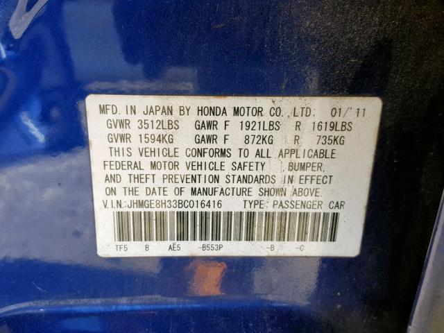 JHMGE8H33BC016416 - 2011 HONDA FIT BLUE photo 10