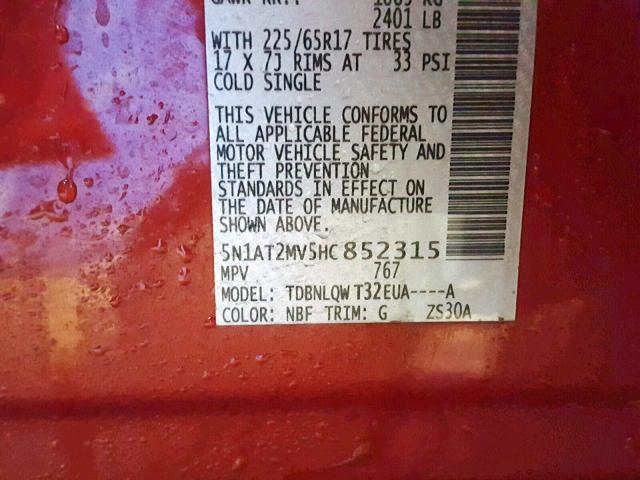 5N1AT2MV5HC852315 - 2017 NISSAN ROGUE SV RED photo 10