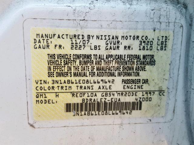 3N1AB61E08L669642 - 2008 NISSAN SENTRA 2.0 WHITE photo 10