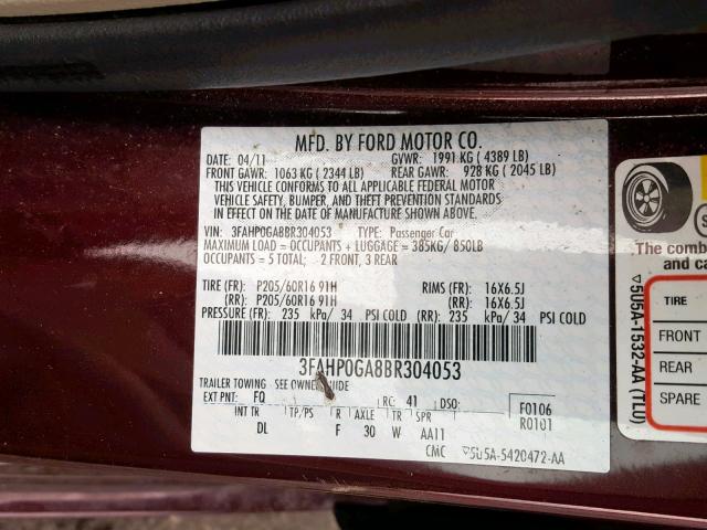 3FAHP0GA8BR304053 - 2011 FORD FUSION S BURGUNDY photo 10