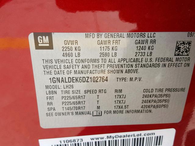 1GNALDEK6DZ102764 - 2013 CHEVROLET EQUINOX LT 红色 照片 10