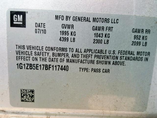 1G1ZB5E17BF117440 - 2011 CHEVROLET MALIBU LS SILVER photo 10