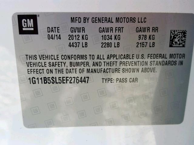 1G11B5SL5EF276447 - 2014 CHEVROLET MALIBU LS WHITE photo 10