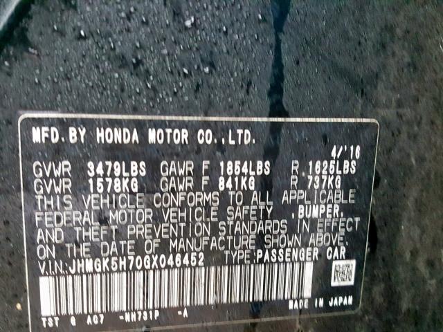 JHMGK5H70GX046452 - 2016 HONDA FIT EX BLACK photo 10