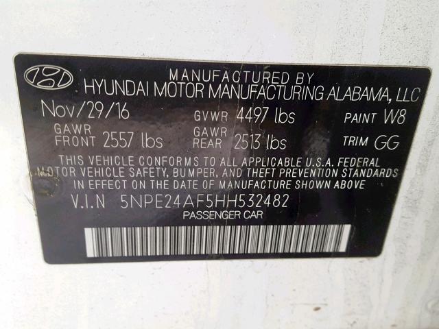 5NPE24AF5HH532482 - 2017 HYUNDAI SONATA SE WHITE photo 10