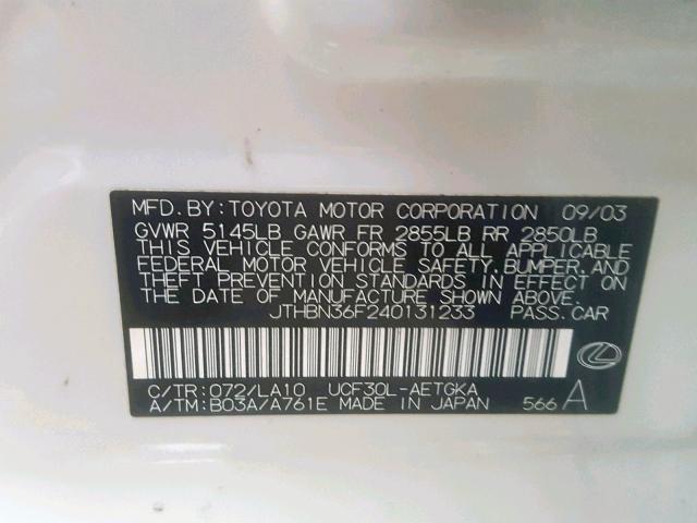 JTHBN36F240131233 - 2004 LEXUS LS 430 WHITE photo 10