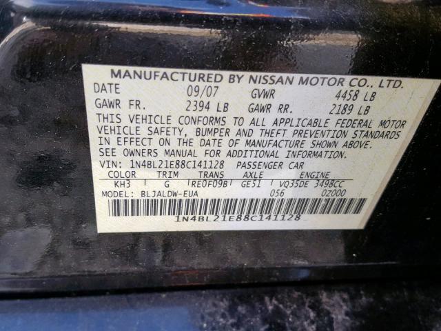 1N4BL21E88C141128 - 2008 NISSAN ALTIMA 3.5 BLACK photo 10