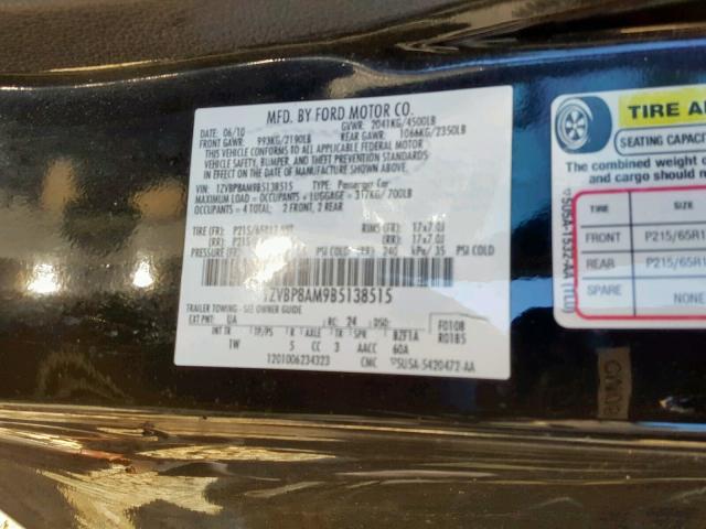 1ZVBP8AM9B5138515 - 2011 FORD MUSTANG BLACK photo 10