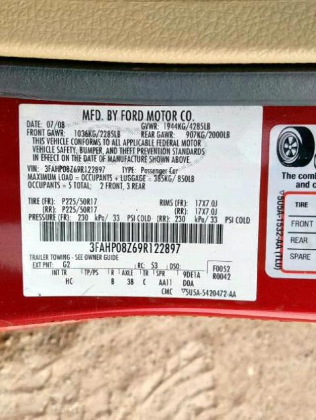 3FAHP08Z69R122897 - 2009 FORD FUSION SEL RED photo 10