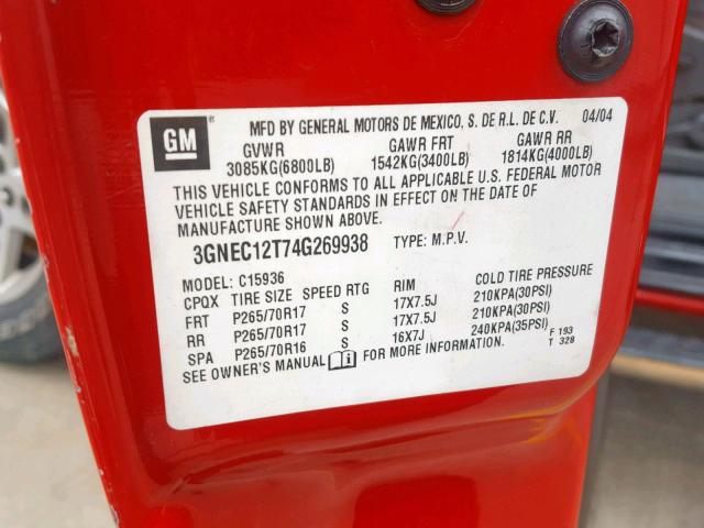 3GNEC12T74G269938 - 2004 CHEVROLET AVALANCHE RED photo 10
