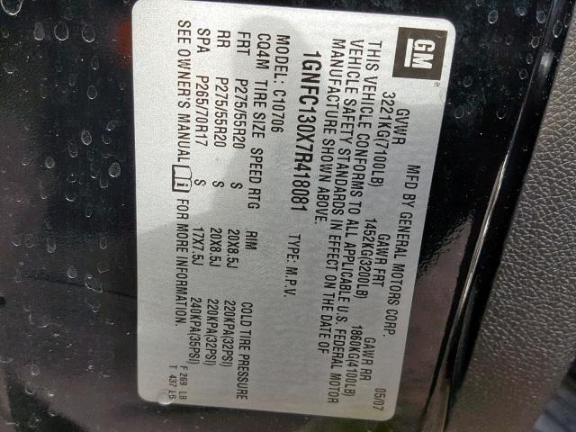 1GNFC130X7R418081 - 2007 CHEVROLET TAHOE C150 შავი ფოტო 10