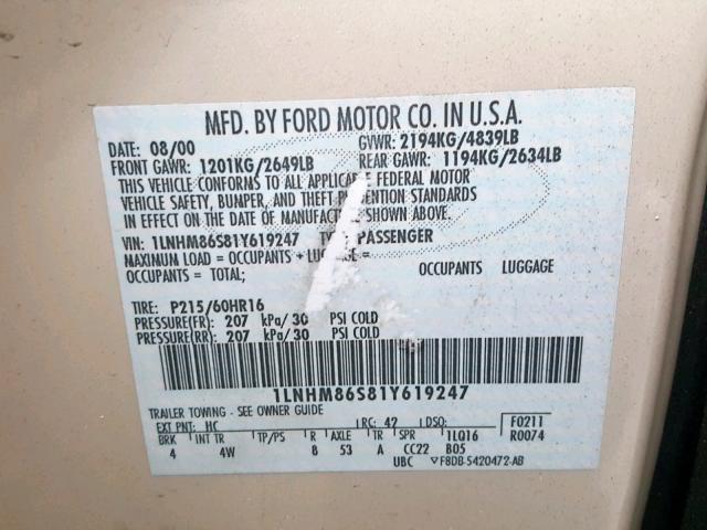 1LNHM86S81Y619247 - 2001 LINCOLN LS CREAM photo 10