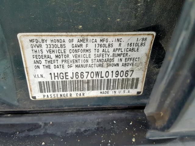 1HGEJ6670WL019067 - 1998 HONDA CIVIC LX GREEN photo 10