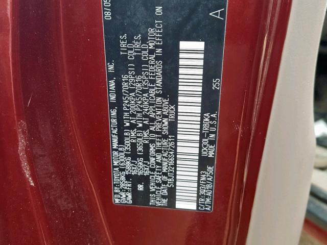 5TBJT32166S472611 - 2006 TOYOTA TUNDRA RED photo 10