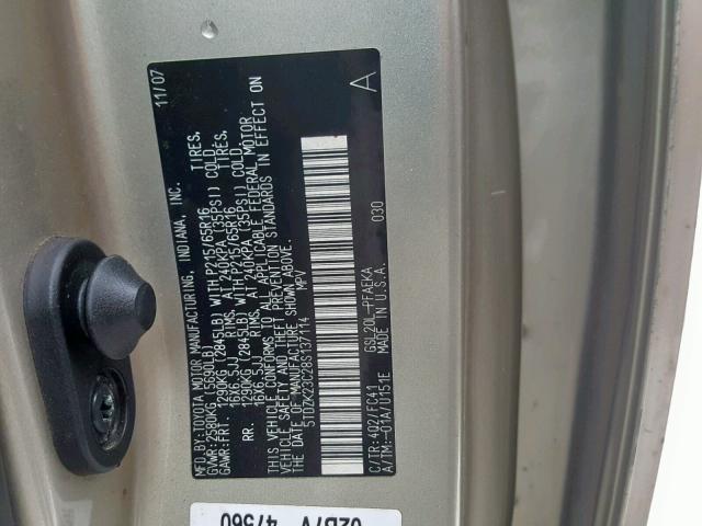 5TDZK23C28S137114 - 2008 TOYOTA SIENNA CE TAN photo 10