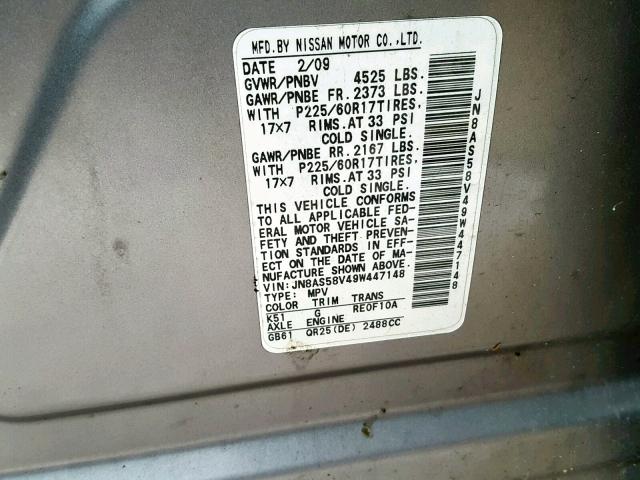 JN8AS58V49W447148 - 2009 NISSAN ROGUE S GRAY photo 10