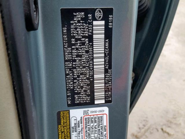 4T1BE46K87U599674 - 2007 TOYOTA CAMRY NEW BEIGE photo 10