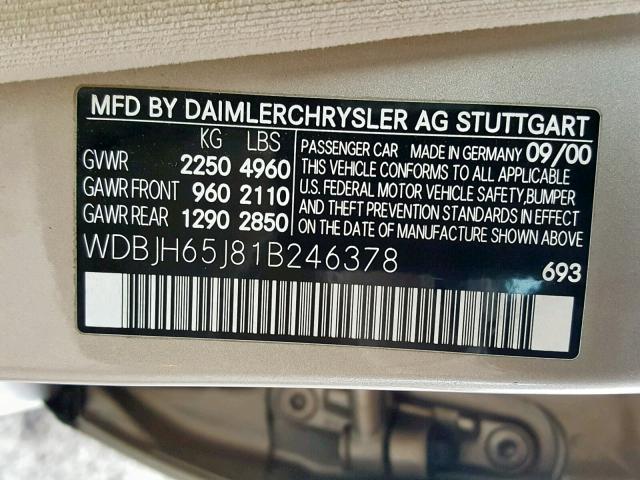 WDBJH65J81B246378 - 2001 MERCEDES-BENZ E 320 GOLD photo 10