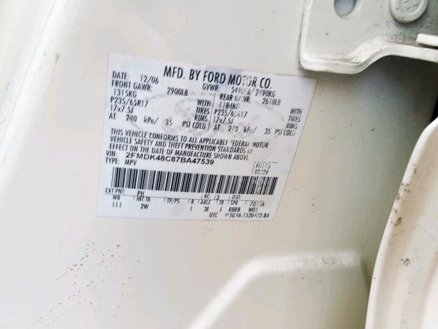 2FMDK48C87BA47539 - 2007 FORD EDGE SEL WHITE photo 10