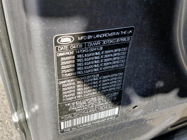 SALSK25448A180432 - 2008 LAND ROVER RANGE ROVE GRAY photo 10