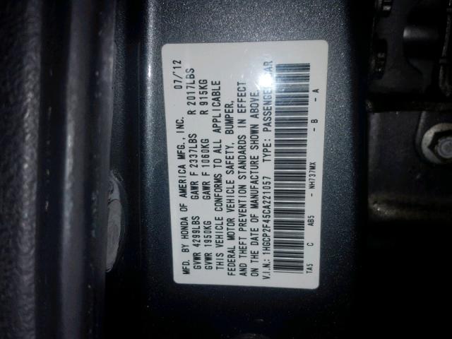 1HGCP2F45CA221057 - 2012 HONDA ACCORD LXP CHARCOAL photo 10