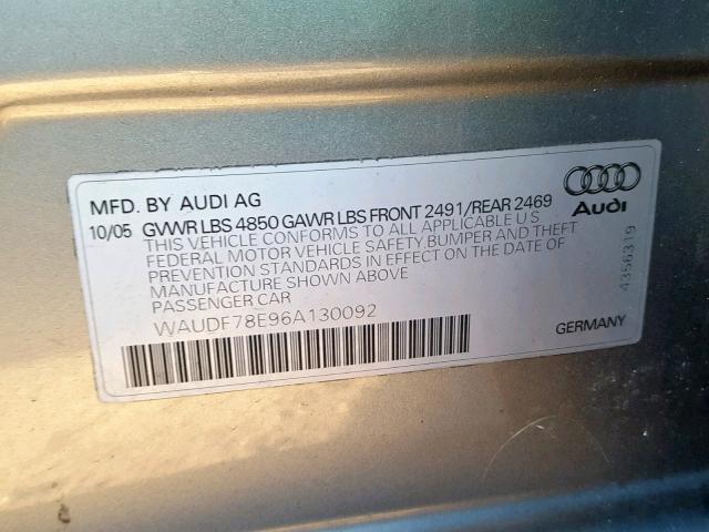 WAUDF78E96A130092 - 2006 AUDI A4 2.0T QU GRAY photo 10