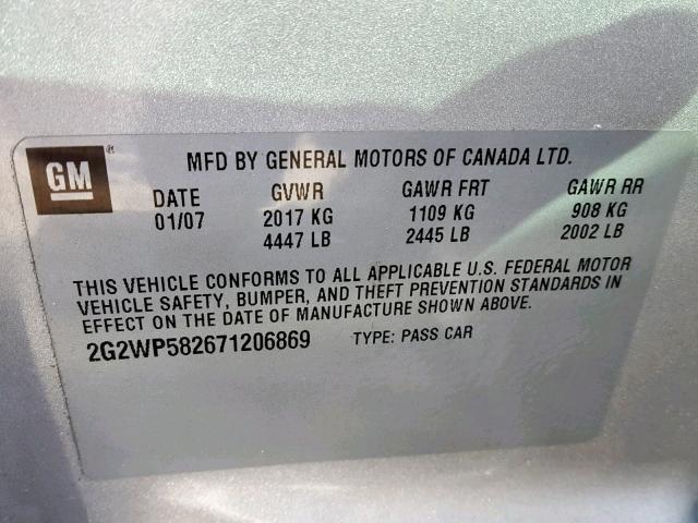 2G2WP582671206869 - 2007 PONTIAC GRAND PRIX ნაცრისფერი ფოტო 10