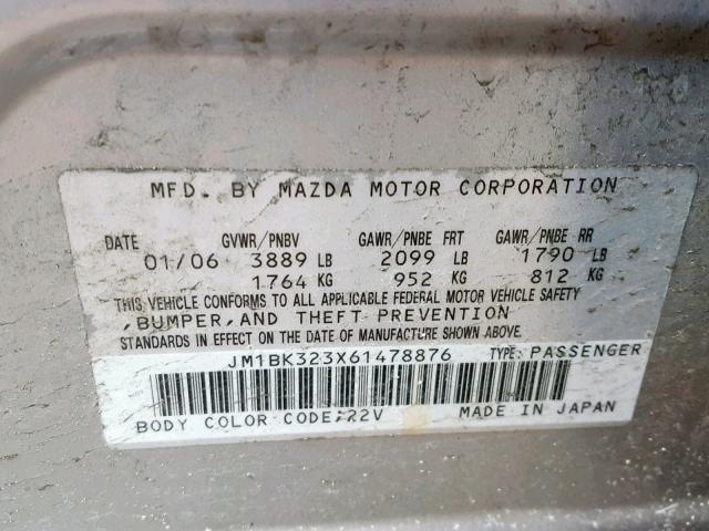 JM1BK323X61478876 - 2006 MAZDA 3 S SILVER photo 10