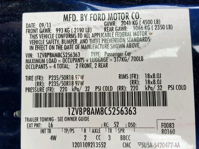 1ZVBP8AM8C5256363 - 2012 FORD MUSTANG BLUE photo 10