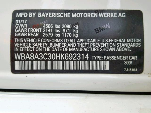 WBA8A3C30HK692314 - 2017 BMW 320 XI SILVER photo 10