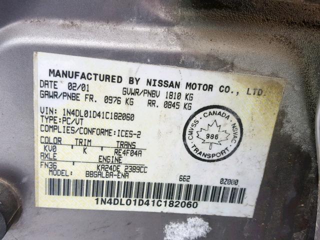 1N4DL01D41C182060 - 2001 NISSAN ALTIMA XE BEIGE photo 10