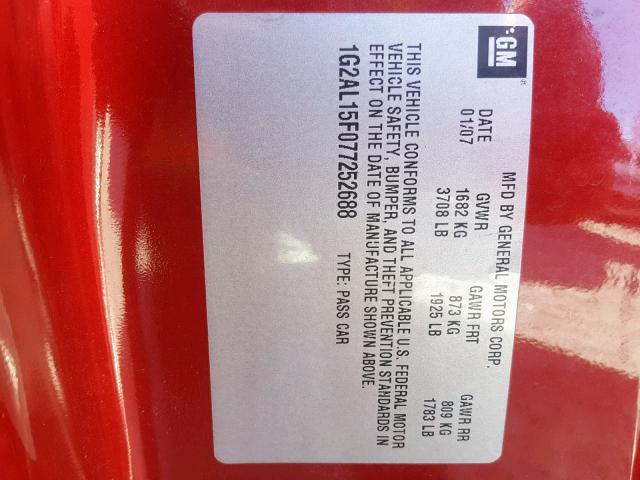 1G2AL15F077252688 - 2007 PONTIAC G5 RED photo 10