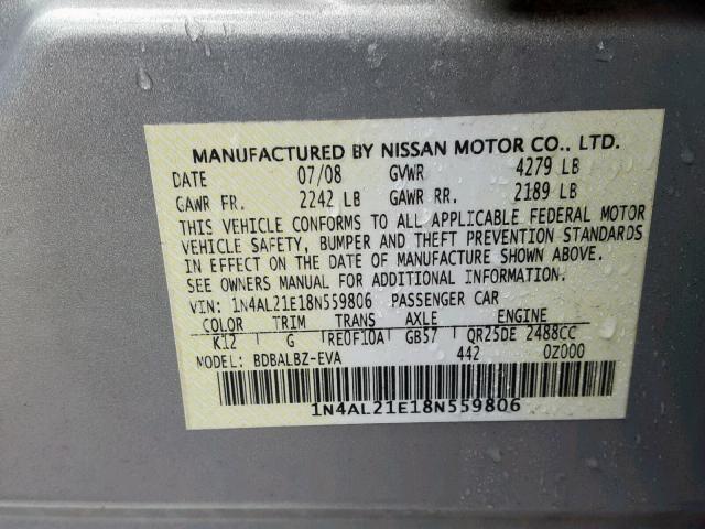 1N4AL21E18N559806 - 2008 NISSAN ALTIMA 2.5 SILVER photo 10