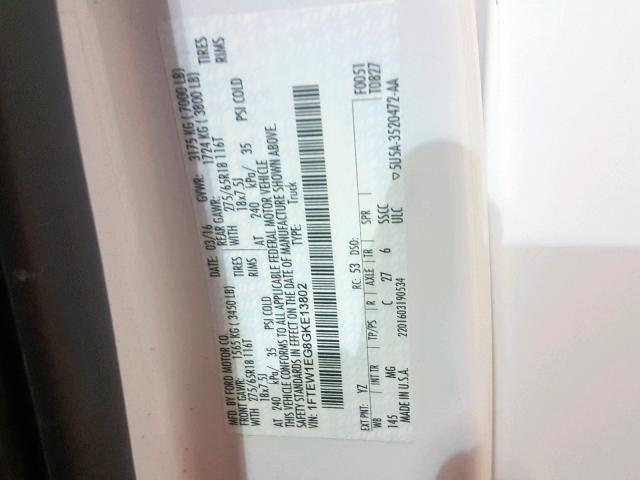 1FTEW1EG8GKE13802 - 2016 FORD F150 SUPER WHITE photo 10