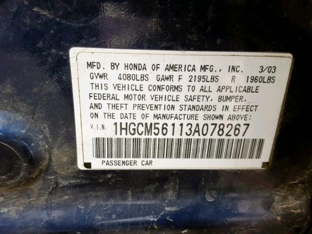 1HGCM56113A078267 - 2003 HONDA ACCORD DX BLUE photo 10