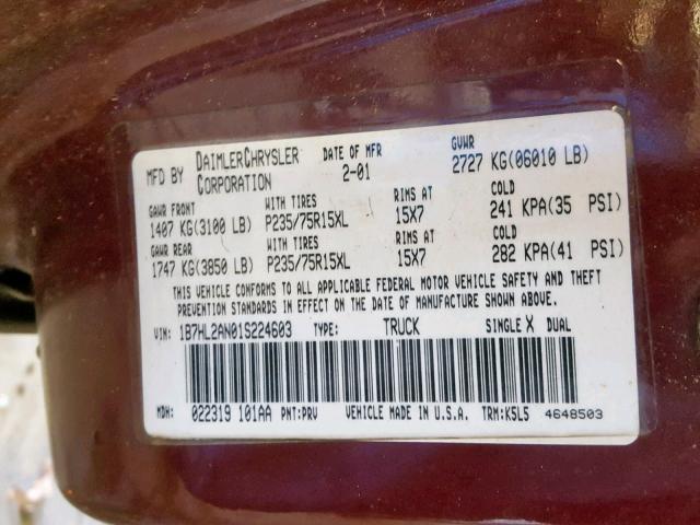 1B7HL2AN01S224603 - 2001 DODGE DAKOTA QUA MAROON photo 10