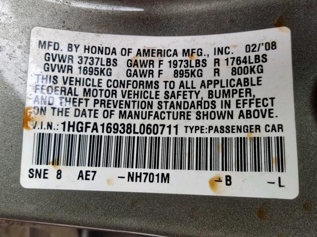 1HGFA16938L060711 - 2008 HONDA CIVIC EXL 灰色 照片 10