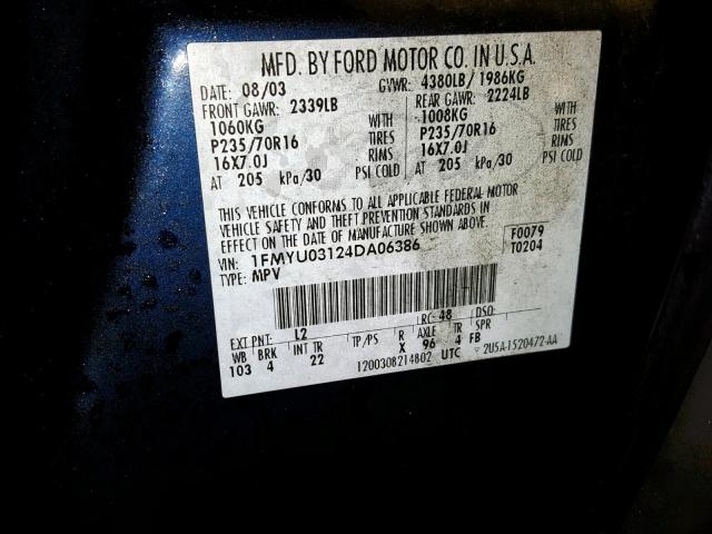 1FMYU03124DA06386 - 2004 FORD ESCAPE XLT BLUE photo 10