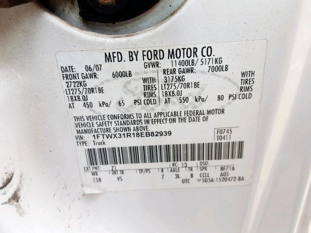 1FTWX31R18EB82939 - 2008 FORD F350 SRW S WHITE photo 10