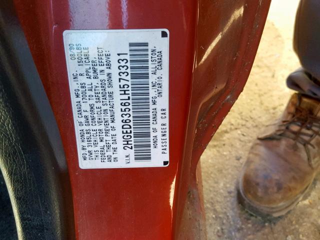 2HGED6356LH573331 - 1990 HONDA CIVIC DX RED photo 10