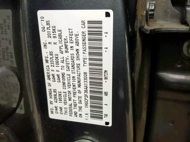 1HGCP2F36AA133008 - 2010 HONDA ACCORD LX GRAY photo 10