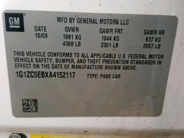 1G1ZC5EBXA4152117 - 2010 CHEVROLET MALIBU 1LT WHITE photo 10