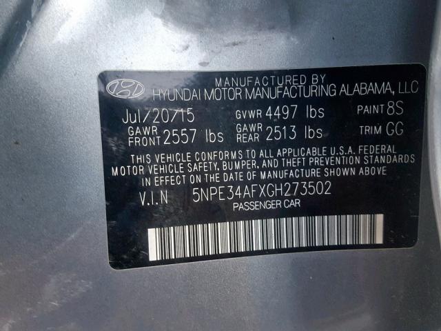 5NPE34AFXGH273502 - 2016 HYUNDAI SONATA SPO SILVER photo 10