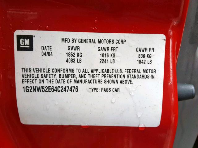 1G2NW52E64C247476 - 2004 PONTIAC GRAND AM G RED photo 10