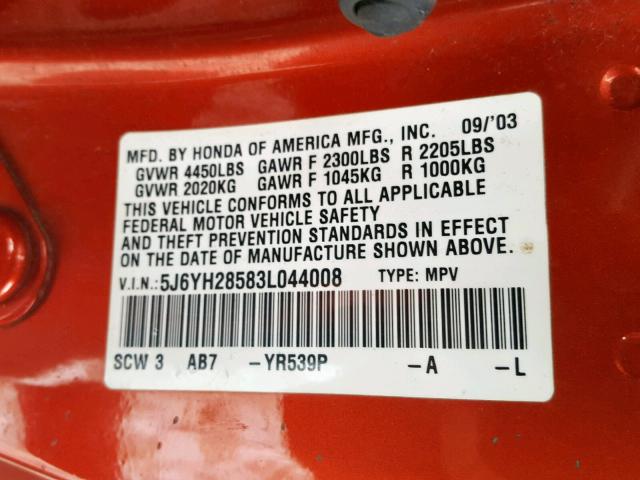 5J6YH28583L044008 - 2003 HONDA ELEMENT EX ORANGE photo 10