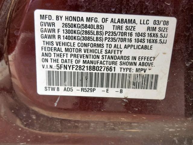 5FNYF28218B027661 - 2008 HONDA PILOT VP MAROON photo 10