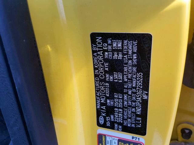 KNDJP3A51G7295235 - 2016 KIA SOUL + YELLOW photo 10