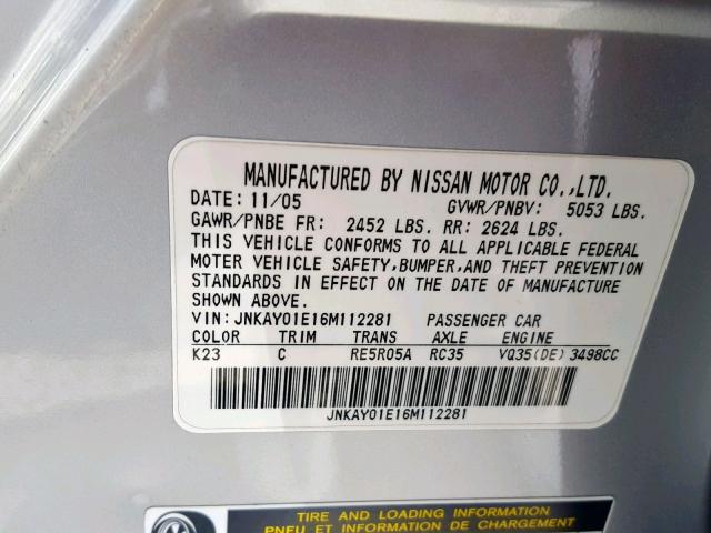 JNKAY01E16M112281 - 2006 INFINITI M35 BASE SILVER photo 10