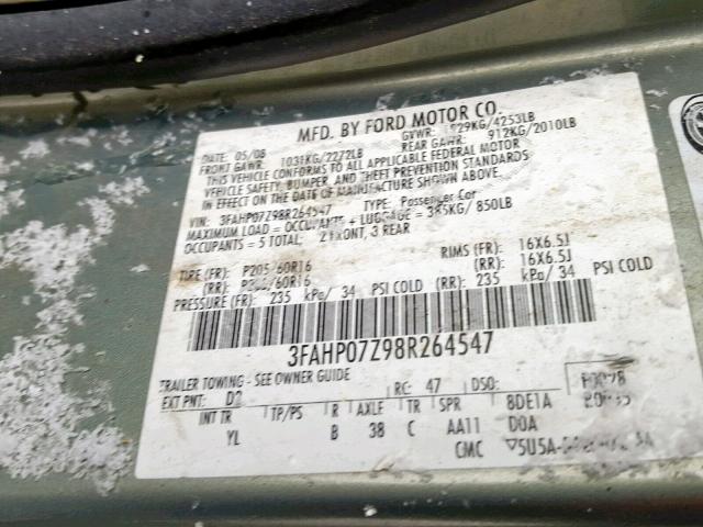 3FAHP07Z98R264547 - 2008 FORD FUSION SE GREEN photo 10