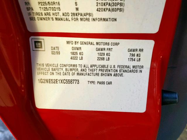 1G2NE52E1XC558773 - 1999 PONTIAC GRAND AM S RED photo 10